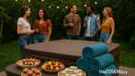 Hot tub cover with rolled towels and summer snacks in backyard party scene – The Cover Guy.