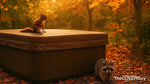 A raccoon and squirrel explore a hot tub cover in a forest during fall, with a spider web hanging nearby—highlighting The Cover Guy's wildlife-resistant hot tub covers.